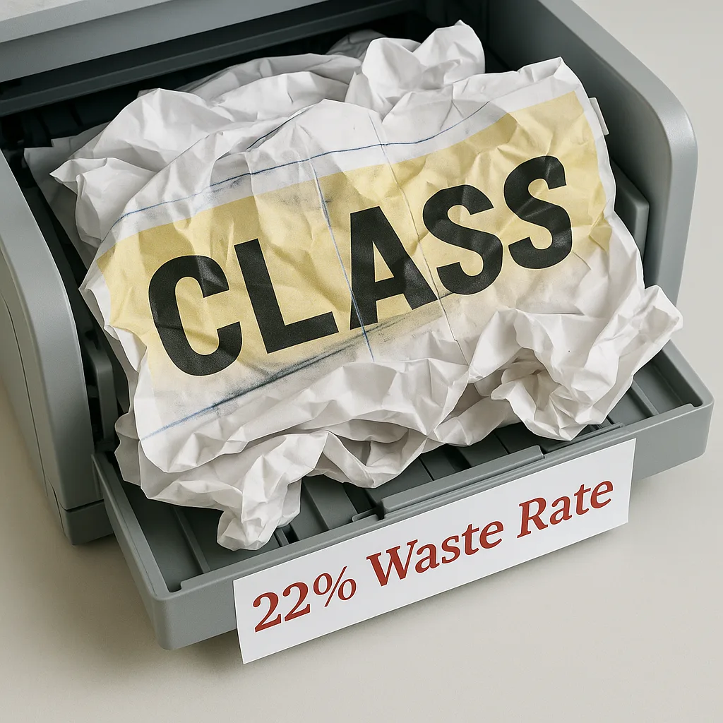 Close-up photo of a color copier paper tray multiple crumpled and misaligned poster attempts, visible toner streaks and paper jams. Include taped-together sheets visible seam lines trying to form