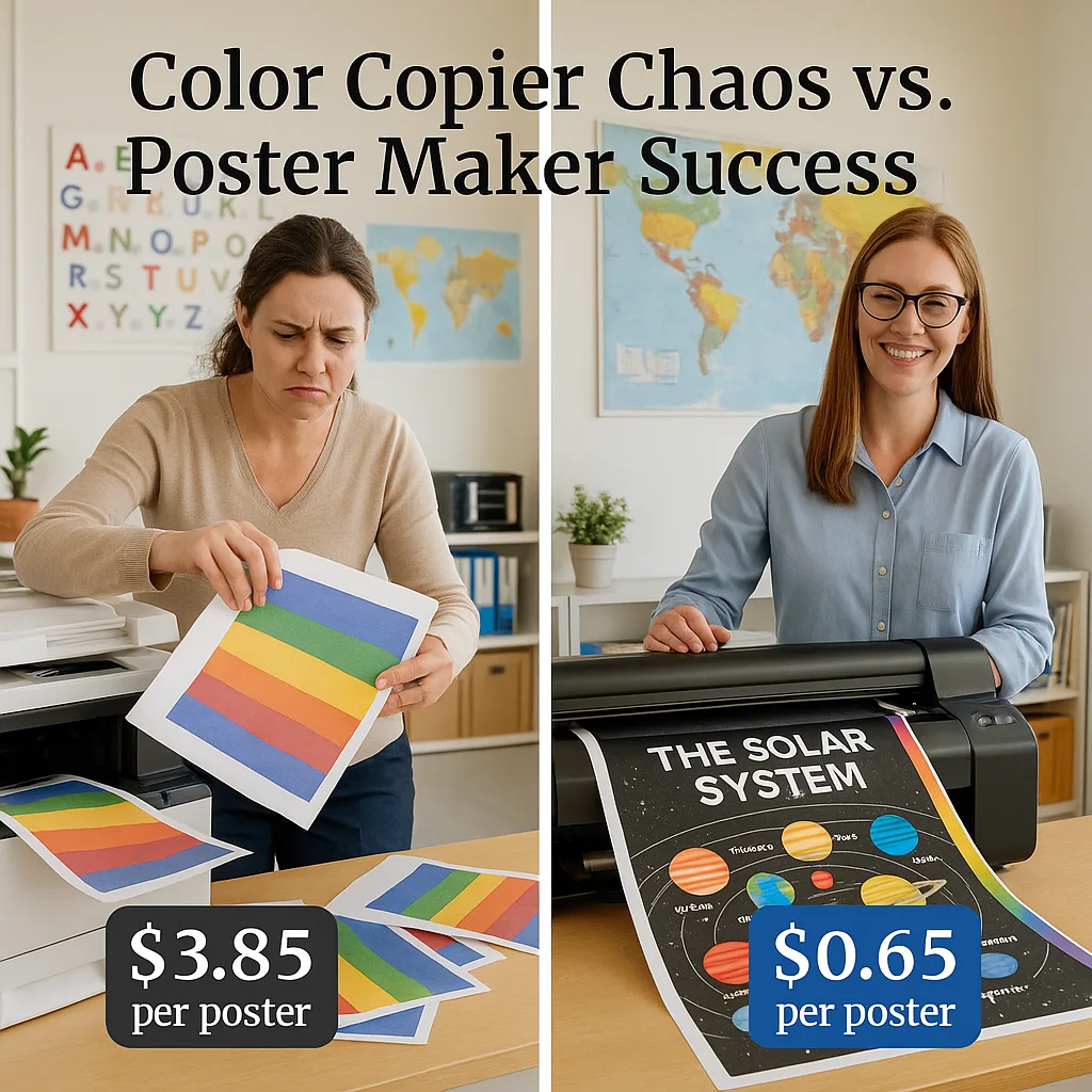 A split-screen comparison a frustrated teacher struggling a jammed color copier producing misaligned poster sheets on the left, and a smiling teacher effortlessly printing a full-size educational
