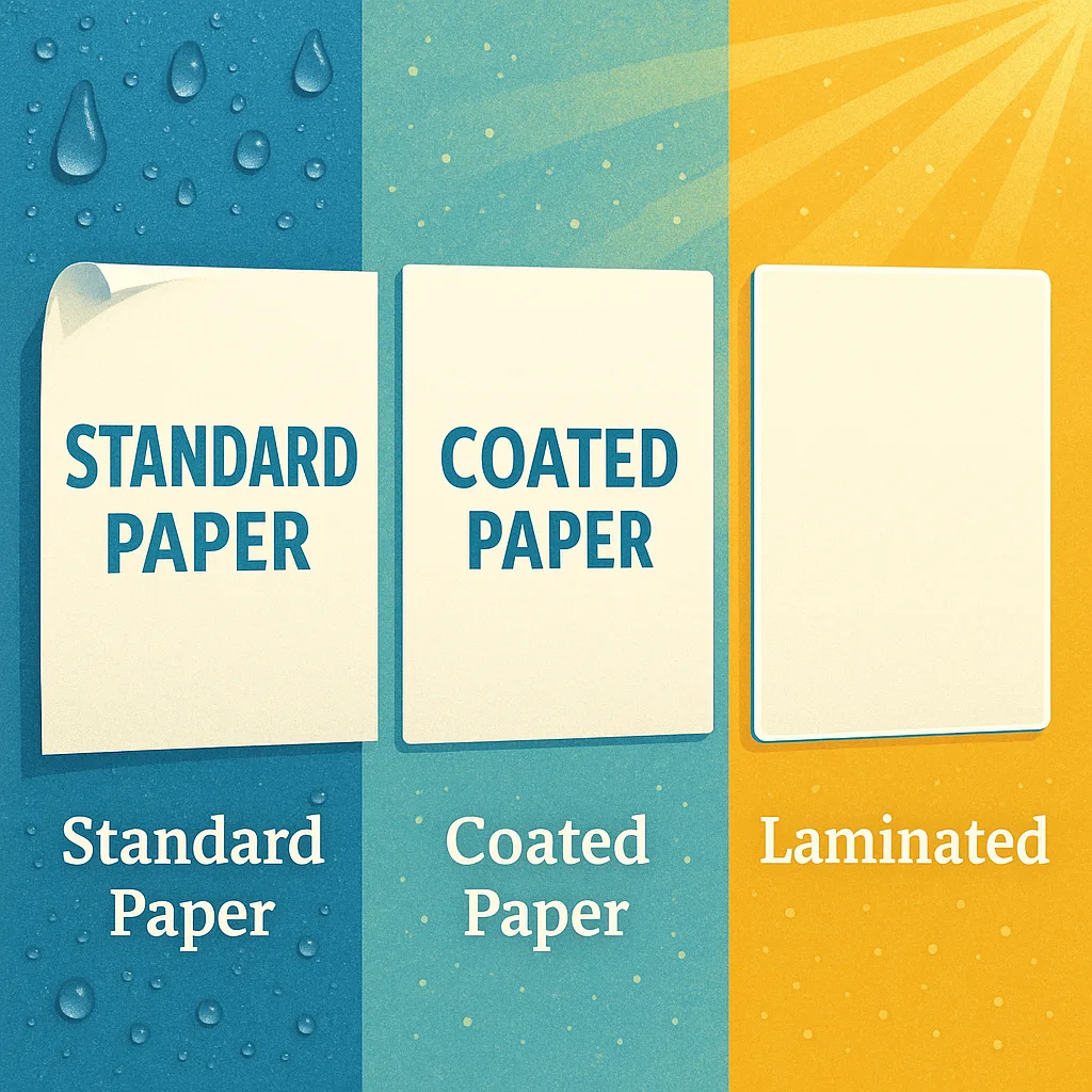 A close-up comparison shot three poster samples side by side - standard paper slight curling edges, coated paper lying flat, and a laminated poster perfect corners. Background should show