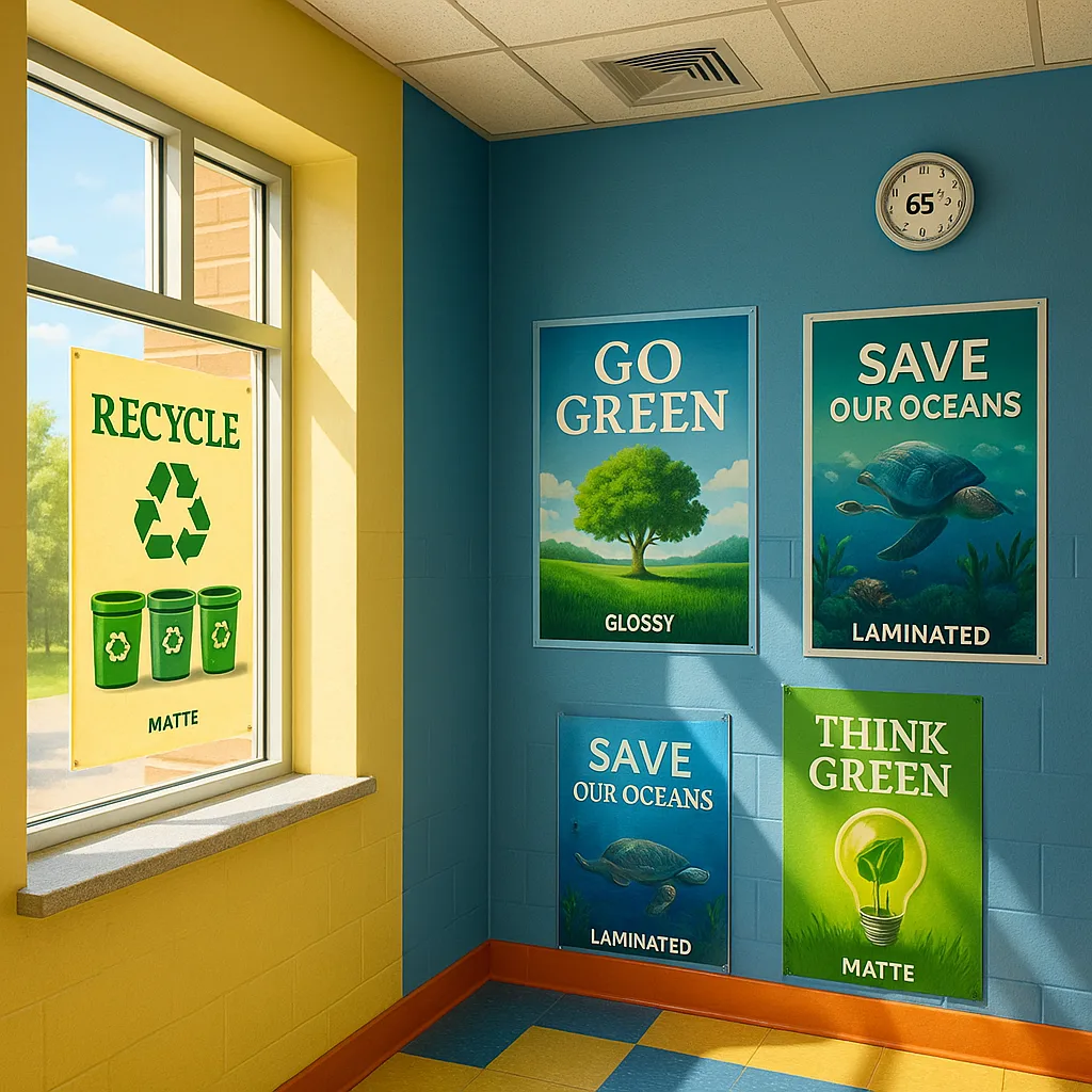 A bright, school hallway showcasing various posters in different environmental conditions - some near windows sunlight streaming in, others in shaded areas, visible environmental elements like air