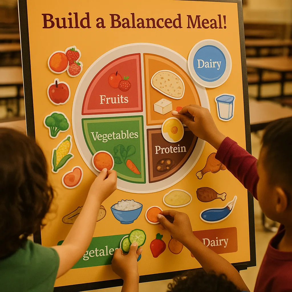 A close-up photograph elementary school students actively engaging a large interactive nutrition poster in a cafeteria setting. The poster should feature magnetic or velcro food items that Students engaging with nutrition posters in school cafeteria