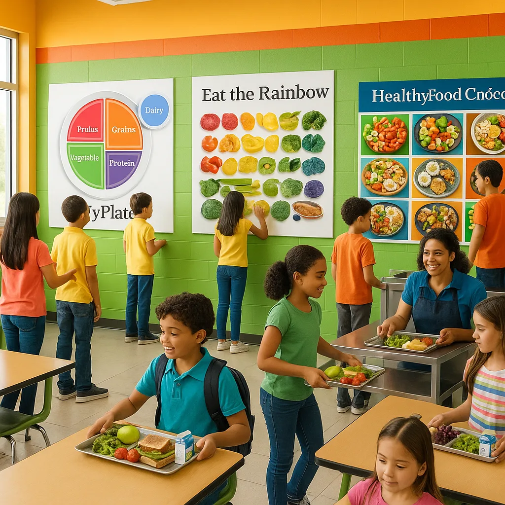 A vibrant, wide-angle photograph of a school cafeteria filled colorful nutrition education posters on the walls. Show diverse students of different ages looking at and interacting large-format