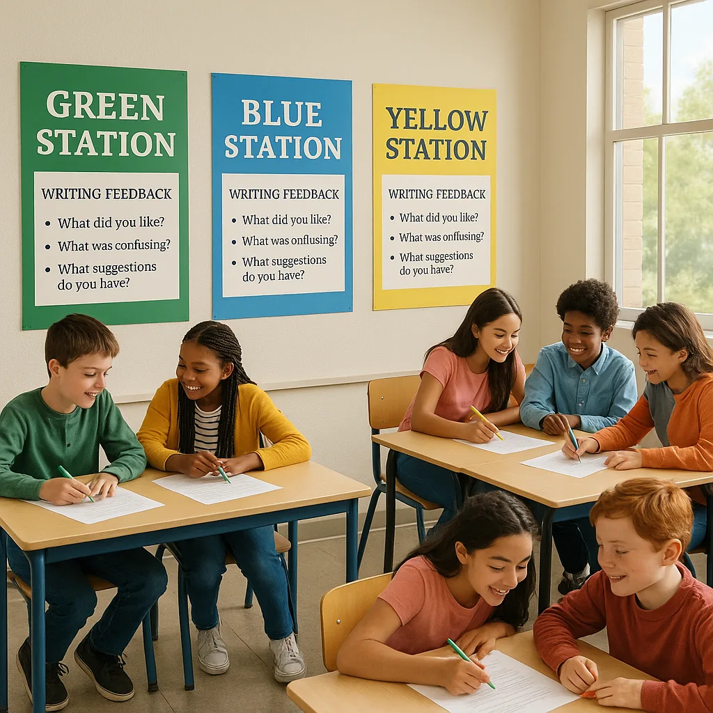 A middle school classroom color-coded peer review stations large posters on the walls. Each station has a different color theme (green, blue, yellow, orange) students actively engaged in peer