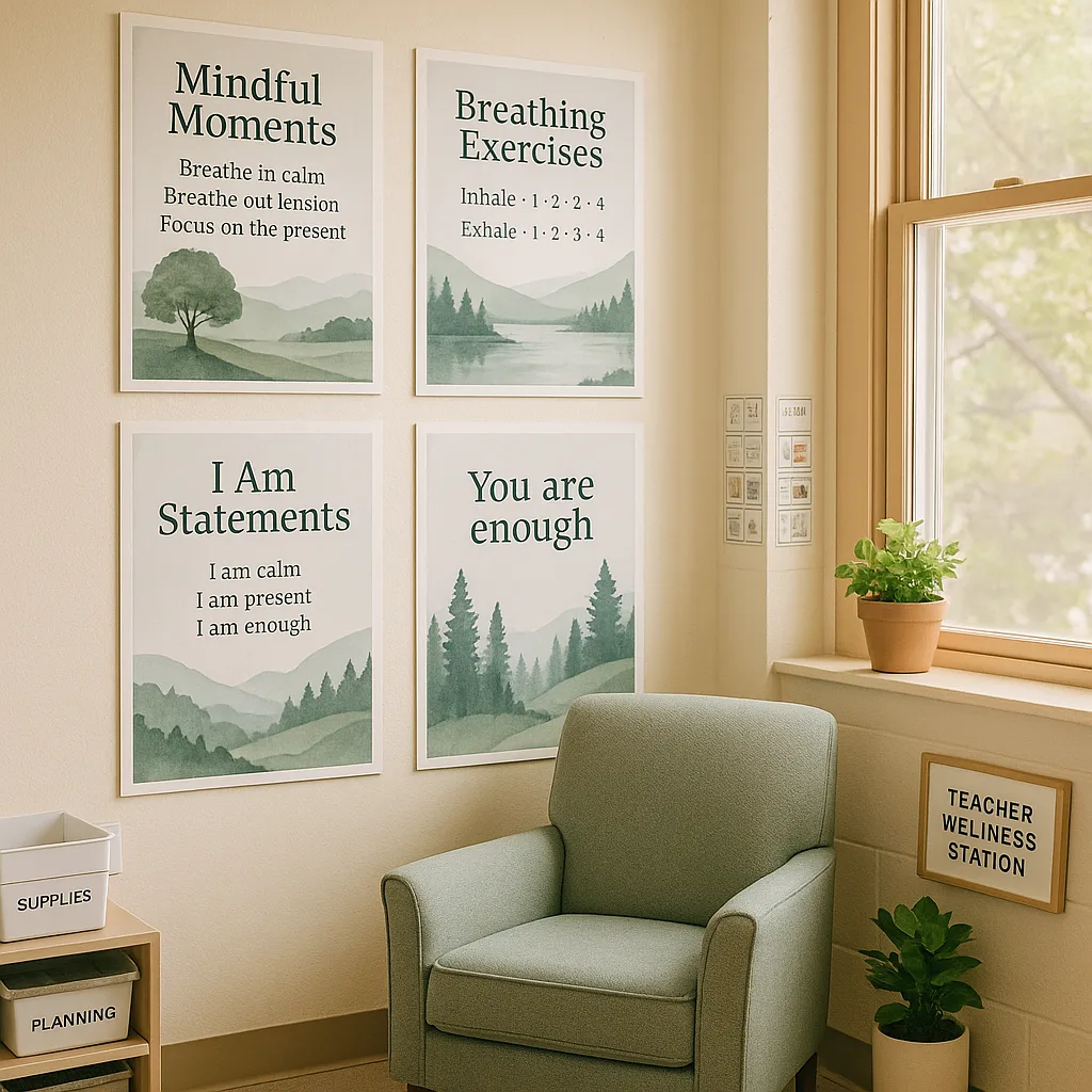 A serene classroom corner a comfortable reading chair surrounded by calming nature-inspired posters in soft greens and blues. The posters display mindfulness prompts, breathing exercises, and