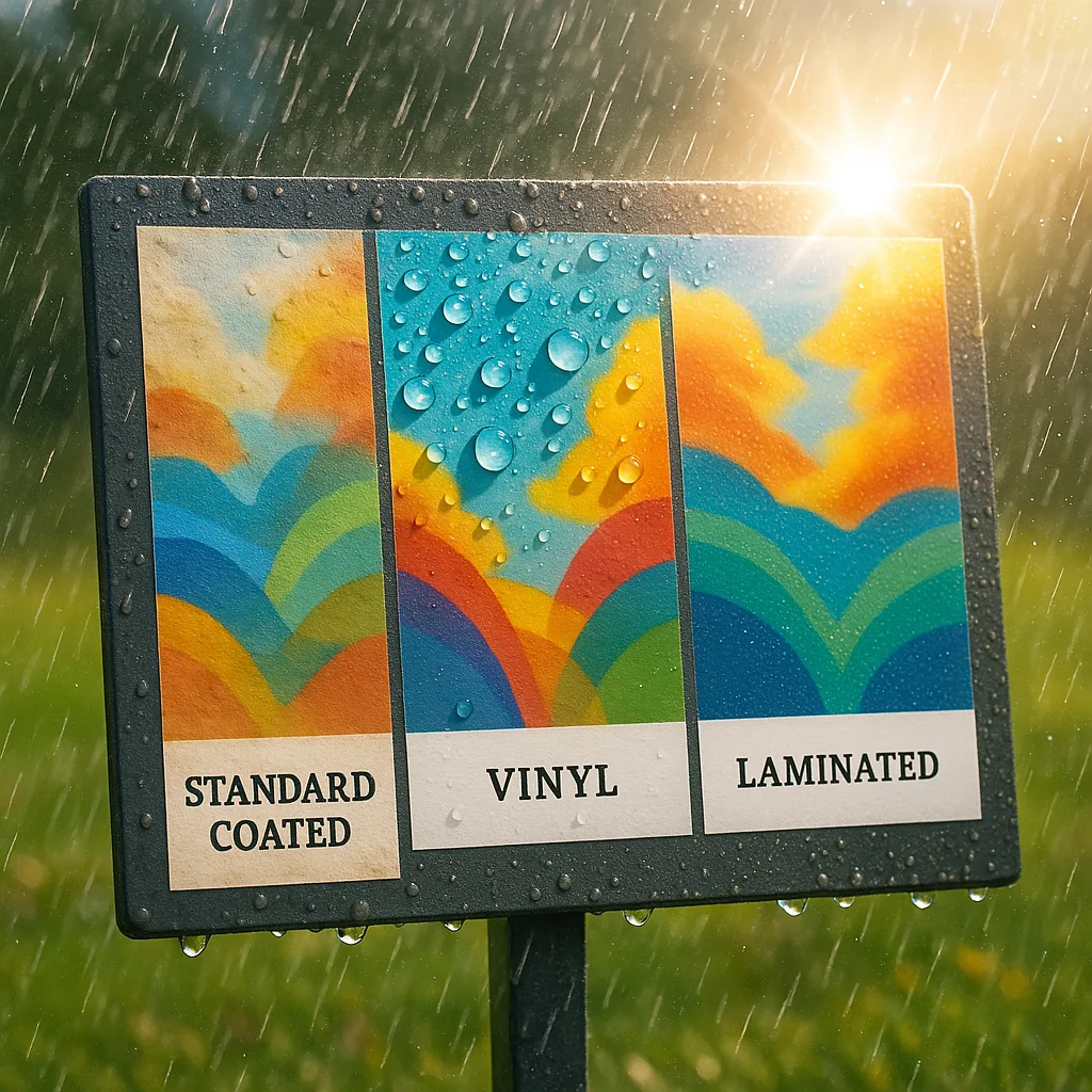 A close-up photograph different poster materials being tested in extreme weather conditions. Display samples of various papers - standard coated, vinyl, laminated, and polyester film - mounted on