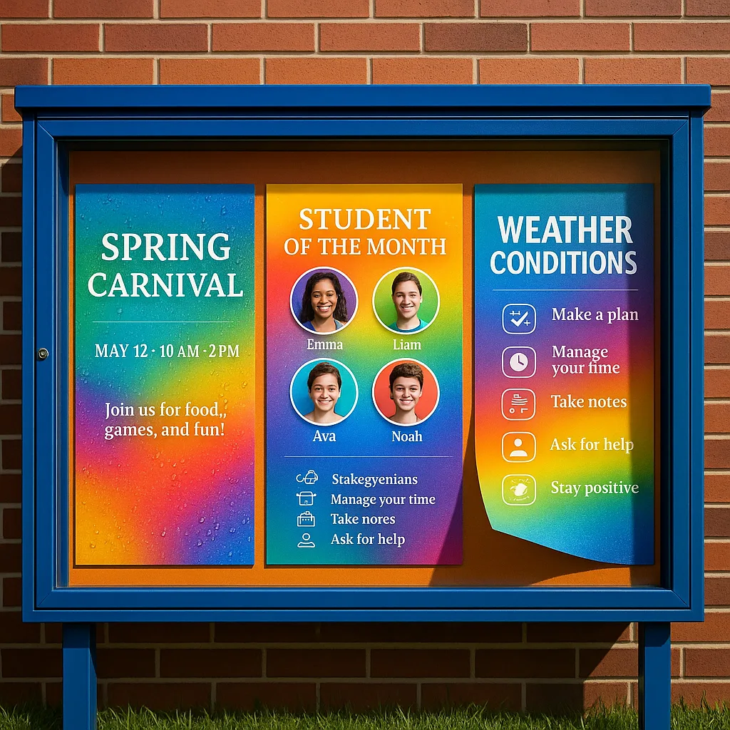 A vibrant, photograph a school's outdoor display board multiple educational posters in various weather conditions. The scene captures posters during different times - one section shows posters