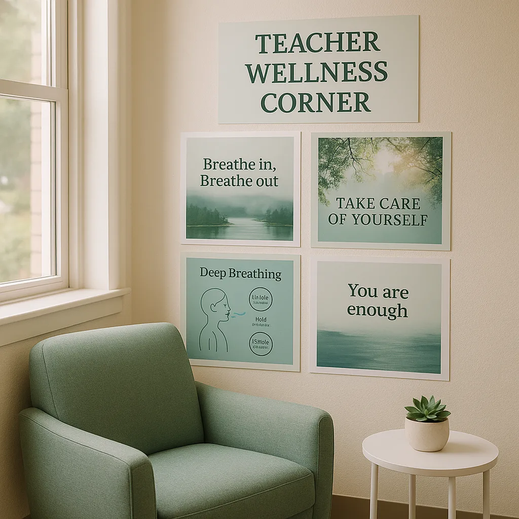 A serene, teacher wellness corner in a school staff room a comfortable sage green reading chair, soft natural lighting from a nearby window, and a carefully curated wall display of calming