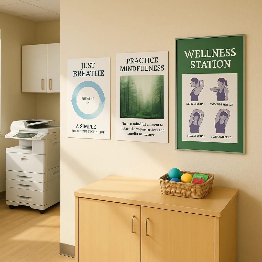 A bright, organized school copy room a dedicated wellness station corner. The wall features three beautifully designed posters at eye level: one a simple breathing technique soft blue circular A bright, organized school copy room a dedicated wellness station corner. The wall features three beautifully designed posters at eye level: one a simple breathing technique soft blue circular