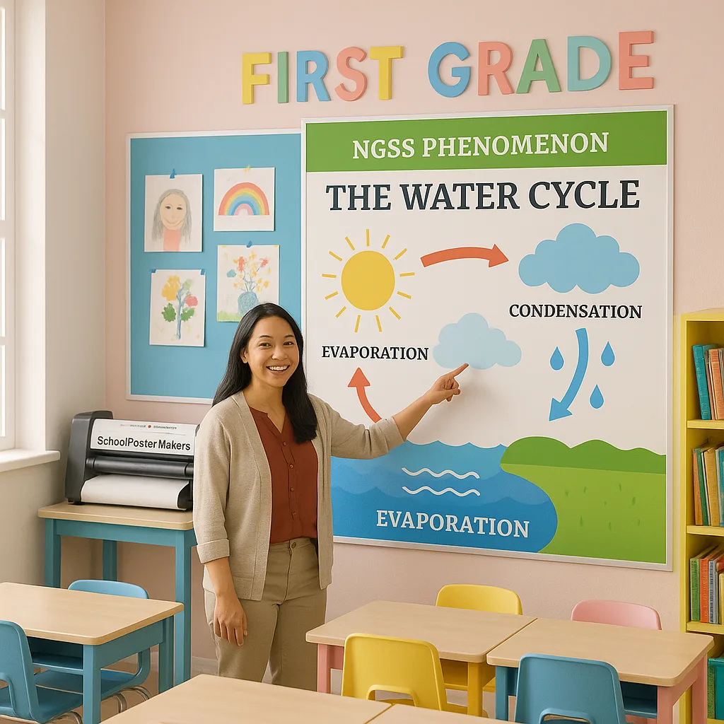 A bright, cheerful first-grade classroom a female teacher (Sarah Nguyen) pointing enthusiastically at a large, colorful NGSS phenomenon board the water cycle. The poster should be created School