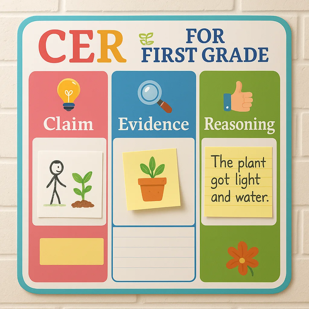 A close-up of a colorful CER (Claim-Evidence-Reasoning) chart designed for first graders, three distinct sections in pink, blue, and green. The chart should show simple icons and child-friendly A close-up of a colorful CER (Claim-Evidence-Reasoning) chart designed for first graders, three distinct sections in pink, blue, and green. The chart should show simple icons and child-friendly