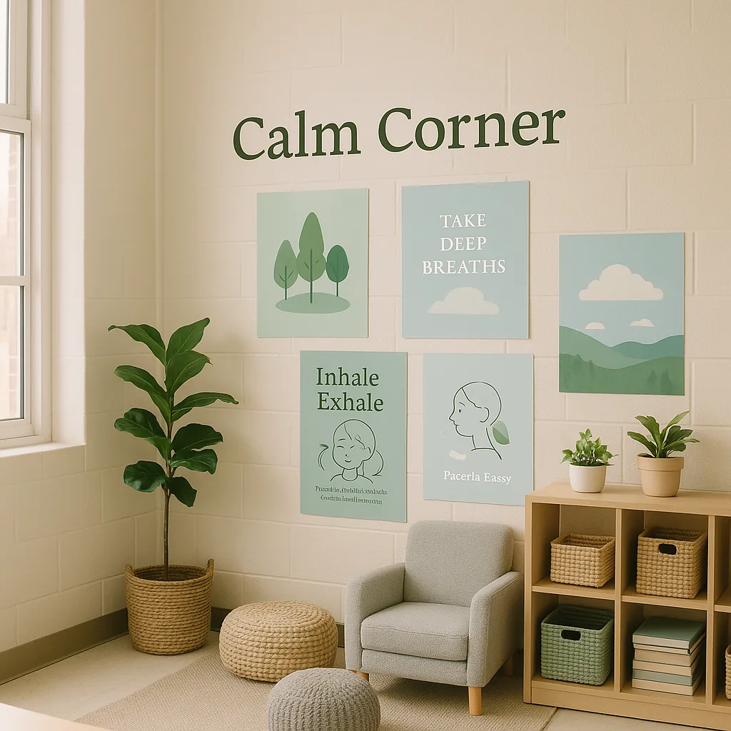 A serene classroom environment photographed from a corner angle soft sage green and sky blue posters on the walls. The image features a designated calm corner comfortable seating, breathing