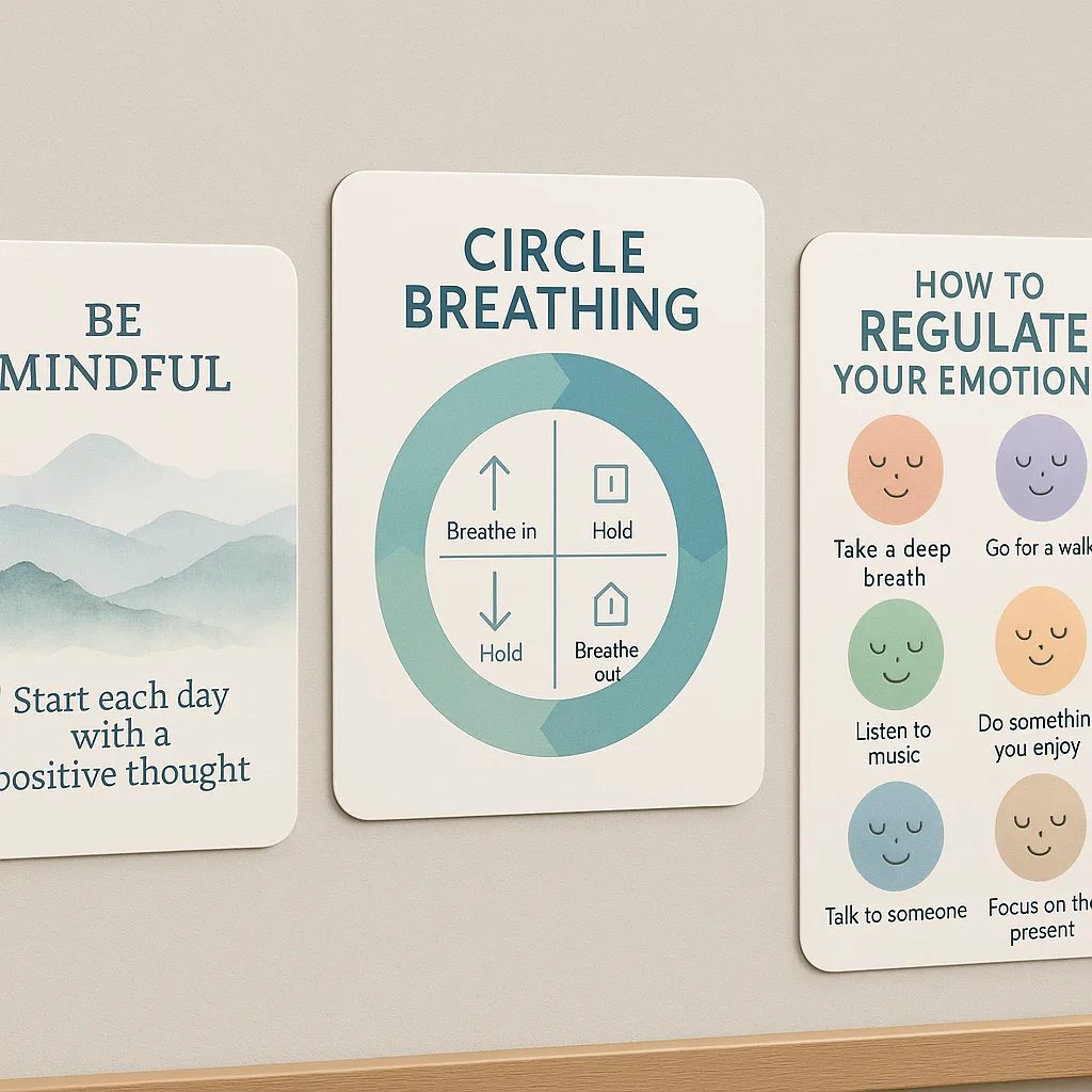 A close-up view of a calming classroom wall three thoughtfully designed posters created a school poster printer. The central poster shows a circular breathing guide in gradient blues and greens Calming classroom environment with soft colors and mindfulness posters