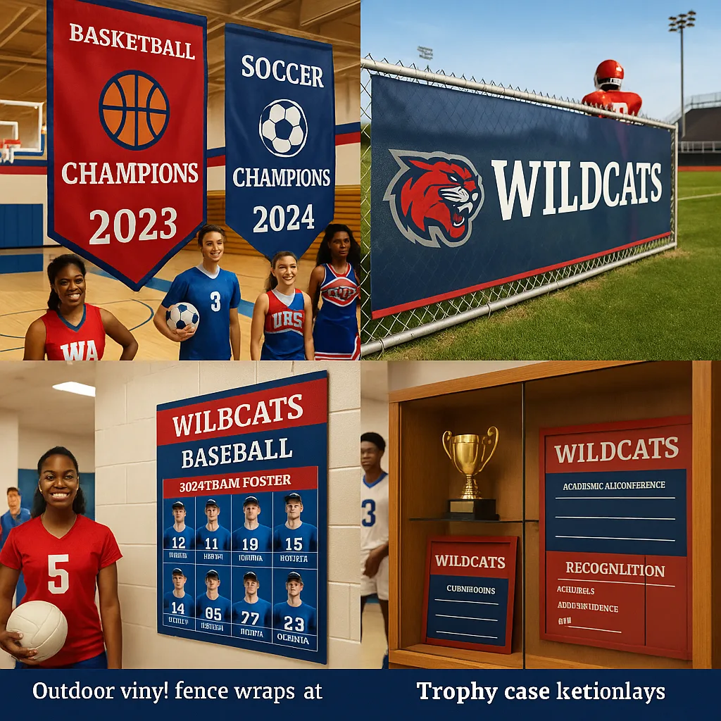 A vibrant, action-packed collage various school sports materials - championship banners hanging in a gymnasium, outdoor vinyl fence wraps at a football field, team roster posters in hallways, and