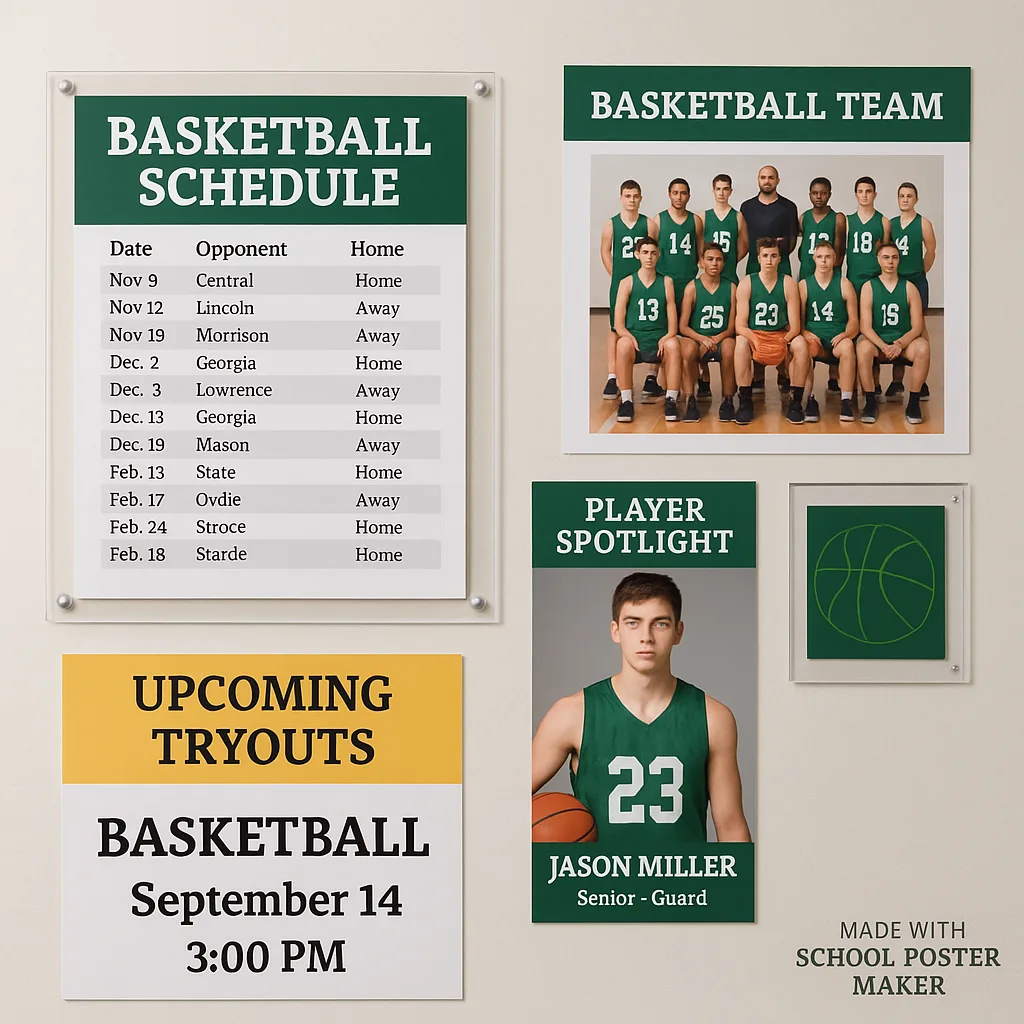 A well-organized athletic department office wall multiple poster displays – game schedules, player spotlights, upcoming tryout announcements, and team photos. Show a mix of poster sizes and A well-organized athletic department office wall multiple poster displays - game schedules, player spotlights, upcoming tryout announcements, and team photos. Show a mix of poster sizes and