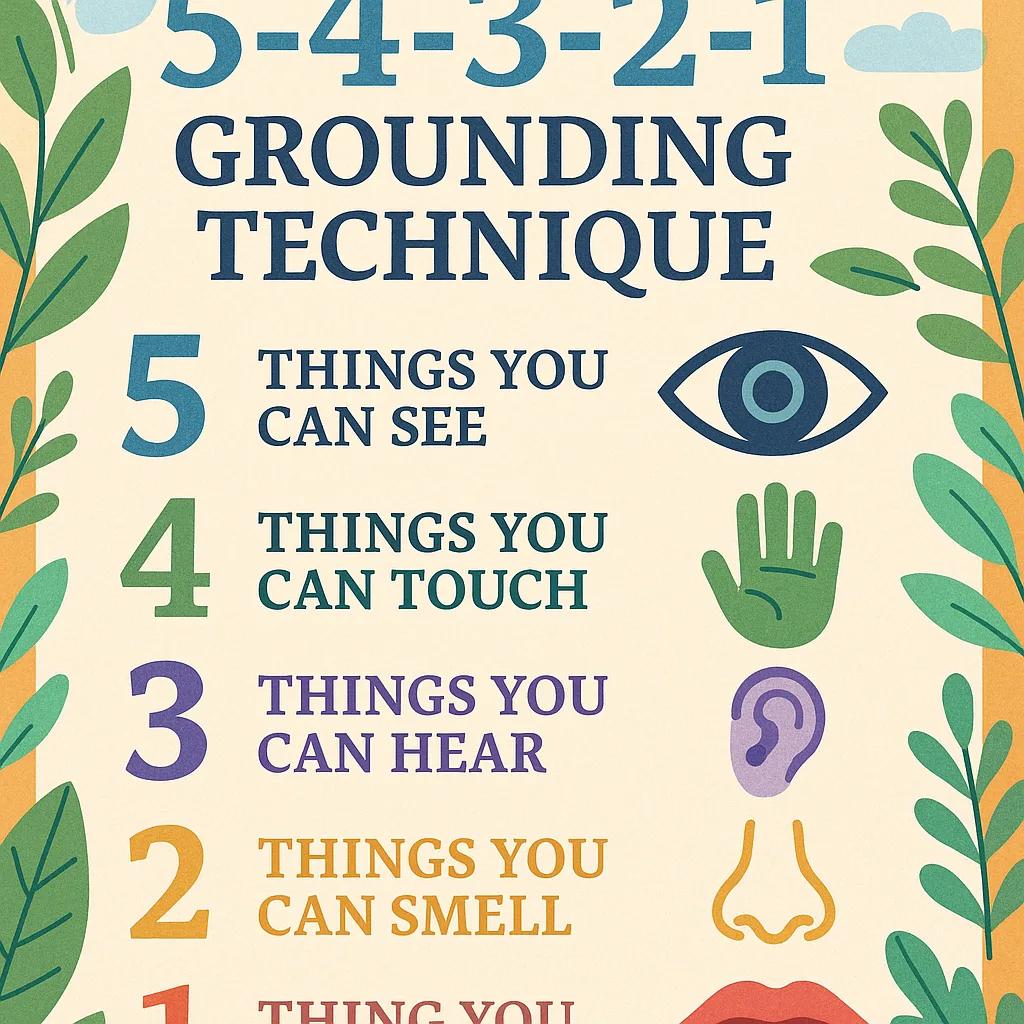 Design a close-up view of a colorful “5-4-3-2-1 Grounding Technique” poster but soothing colors. The poster should show: 5 things you can see (illustrated simple eye icons), 4 things you can touch Design a close-up view of a colorful "5-4-3-2-1 Grounding Technique" poster but soothing colors. The poster should show: 5 things you can see (illustrated simple eye icons), 4 things you can touch