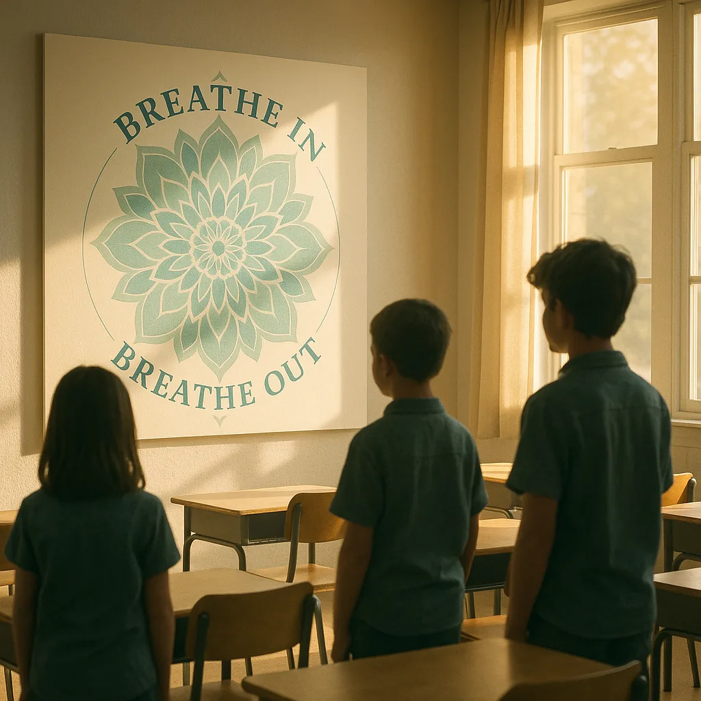 A serene classroom scene soft morning light filtering through windows. In the foreground, show a large, beautifully designed circular breathing guide poster on the wall a mandala-like pattern