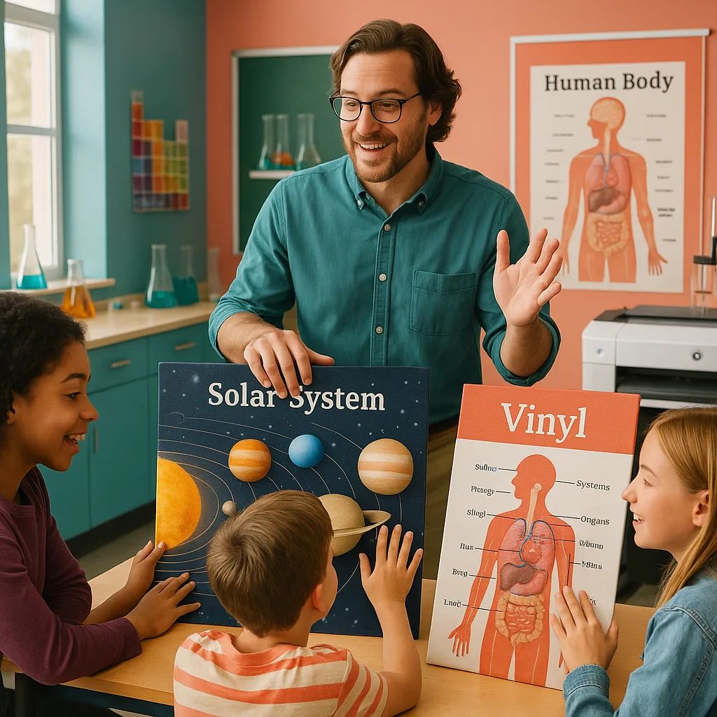 A vibrant, classroom science lab a teacher demonstrating different poster textures to engaged middle school students. The scene shows multiple colorful science posters made various materials -