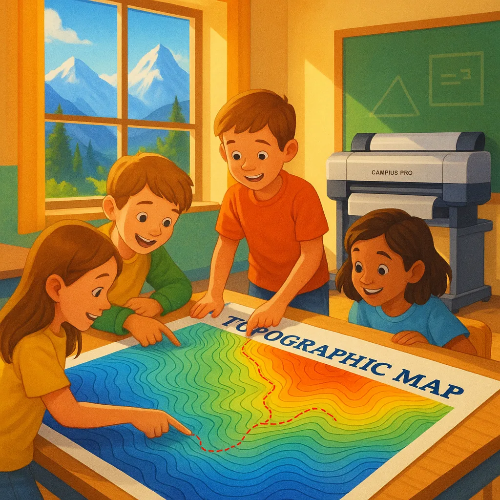 A classroom scene in a mountain school setting elementary students gathered around a large, colorful topographic poster map spread on a table. The poster displays elevation contours in rainbow