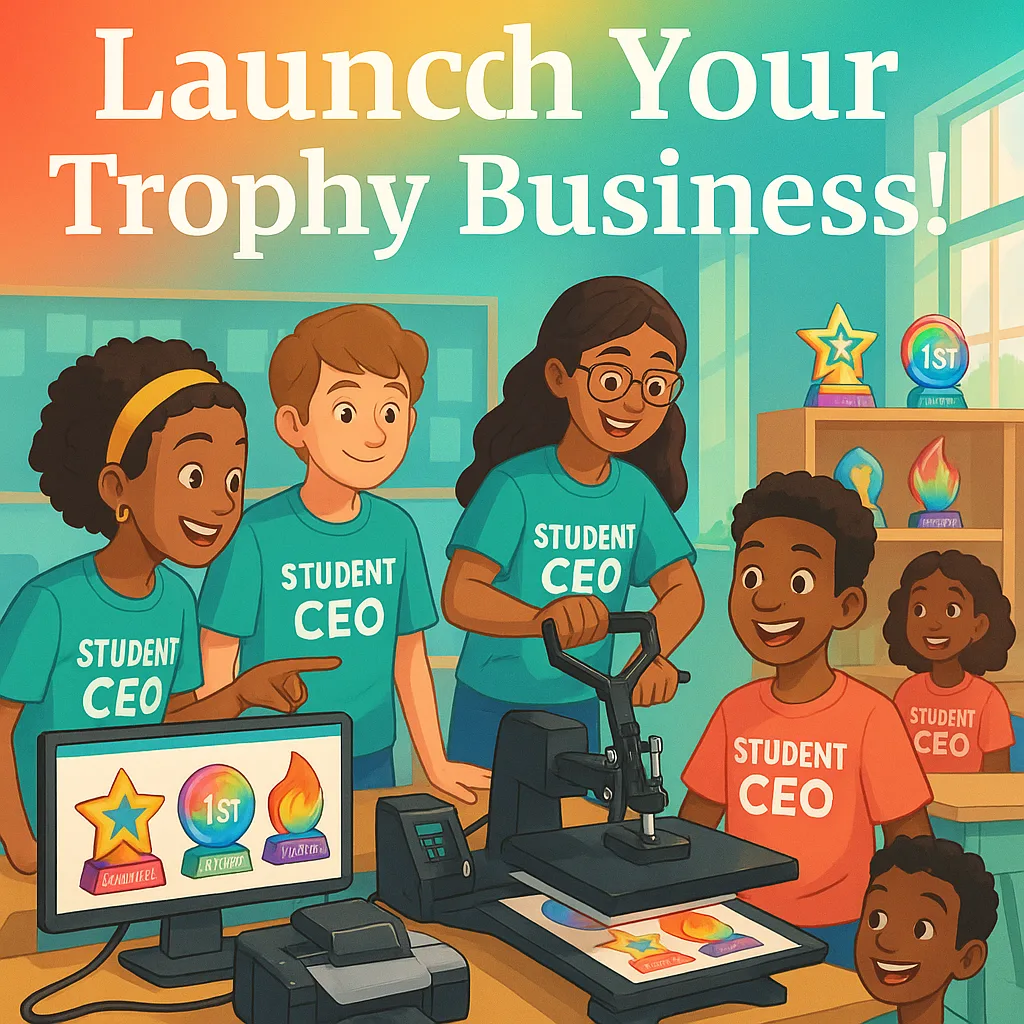 A vibrant, energetic classroom scene diverse middle school students gathered around a sublimation printer and heat press, actively creating custom trophies. The scene should include colorful