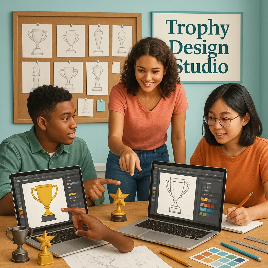 A workspace students designing trophies on laptops, a mood board of trophy designs pinned to the wall behind them. Include design software on screens, color swatches, sketches, and sample trophies A workspace students designing trophies on laptops, a mood board of trophy designs pinned to the wall behind them. Include design software on screens, color swatches, sketches, and sample trophies
