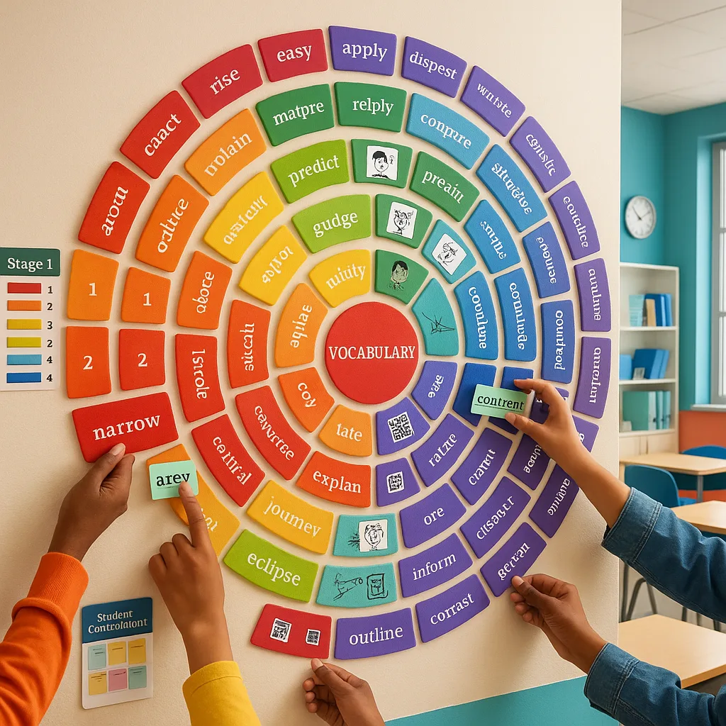 A vibrant, classroom scene a large spiral-shaped vocabulary wall display colorful word cards arranged in expanding circles from a central hub. The wall should show different stages of vocabulary