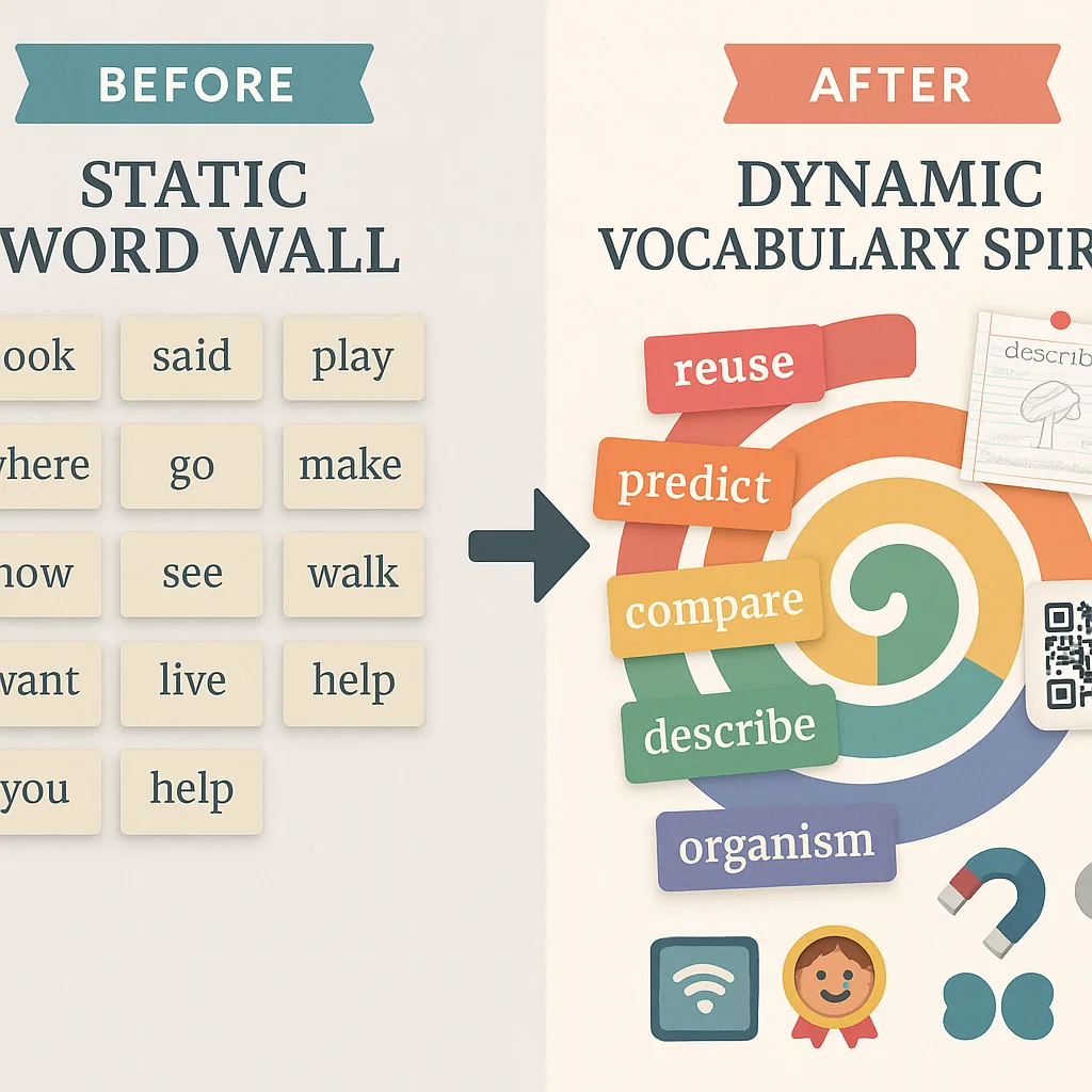 Design an infographic-style image the transformation from a traditional static word wall (left side, looking dusty and unchanged) to a dynamic vocabulary spiral system (right side, and Design an infographic-style image the transformation from a traditional static word wall (left side, looking dusty and unchanged) to a dynamic vocabulary spiral system (right side, and