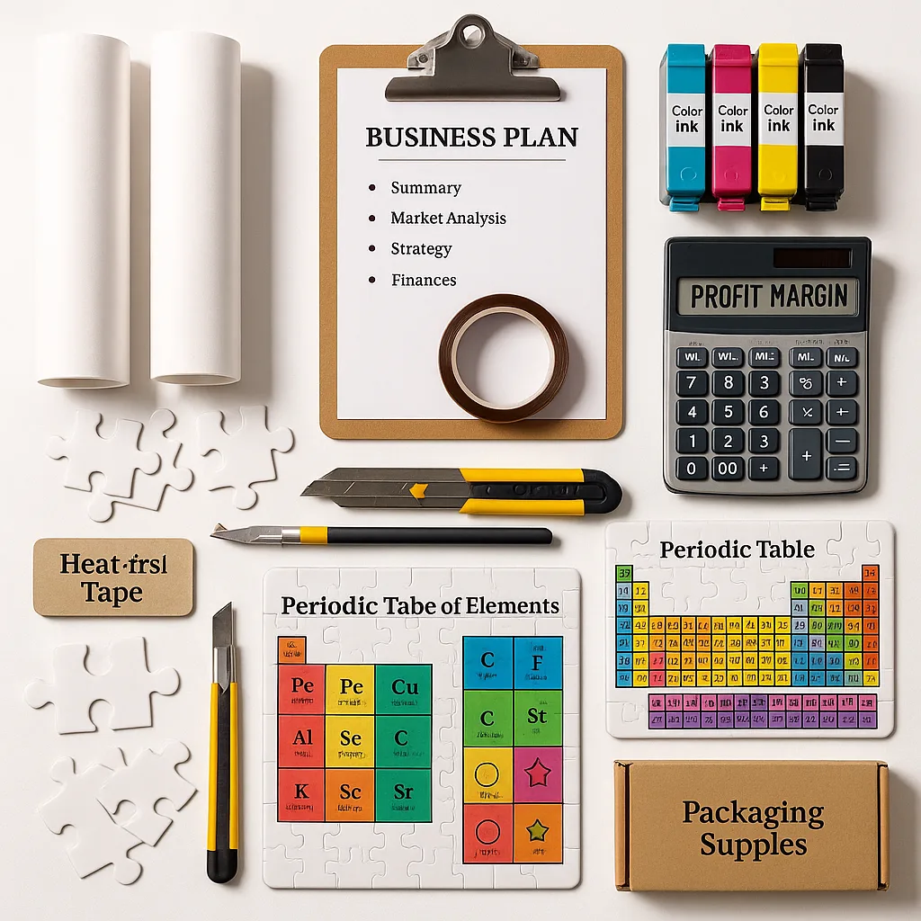 A flat-lay photograph of puzzle production materials and equipment arranged on a white surface. Include sublimation paper rolls, blank puzzle pieces, heat-resistant tape, cutting tools, packaging