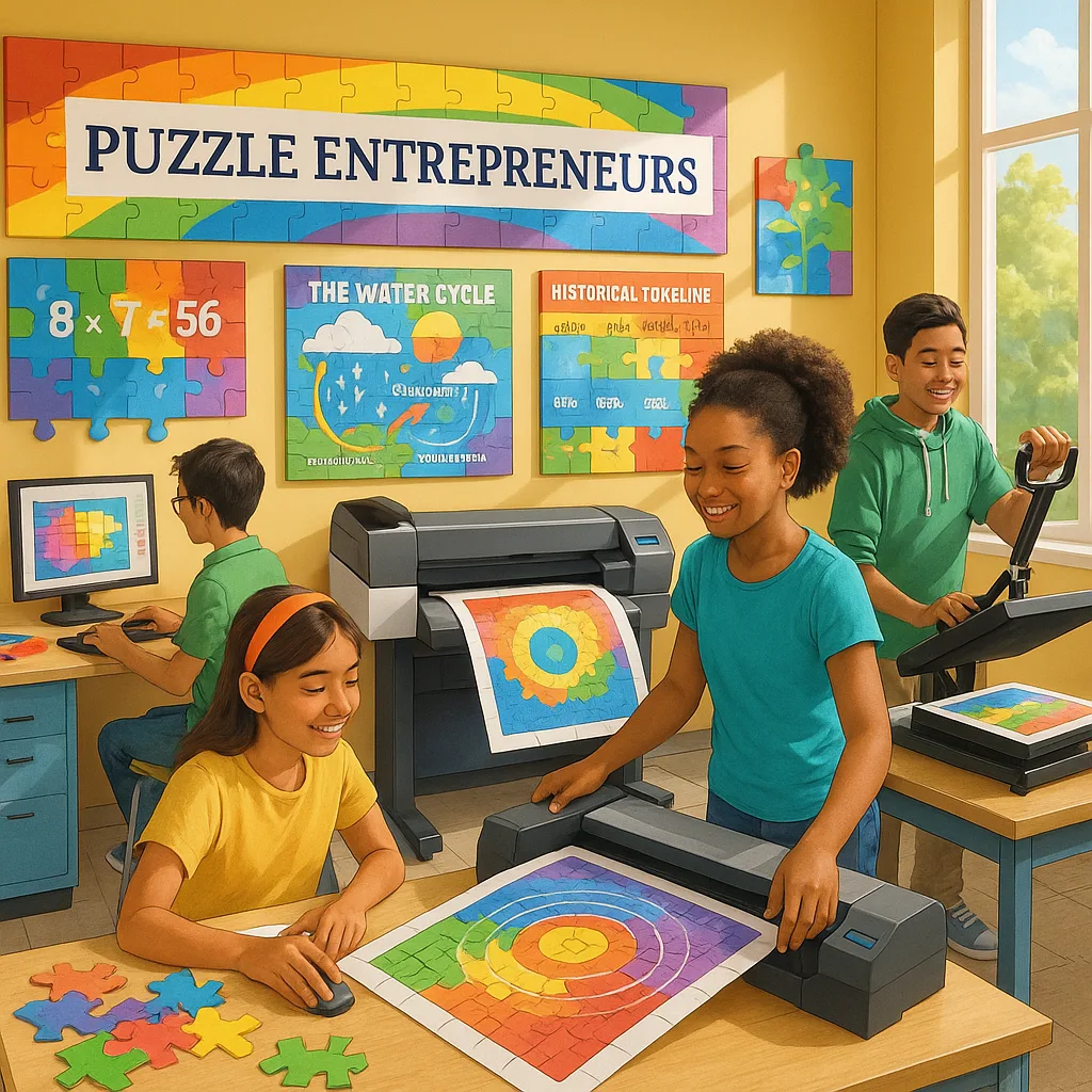 A vibrant, well-lit classroom workshop scene diverse middle school students actively engaged in creating colorful educational puzzles using a large format poster printer machine. Students are