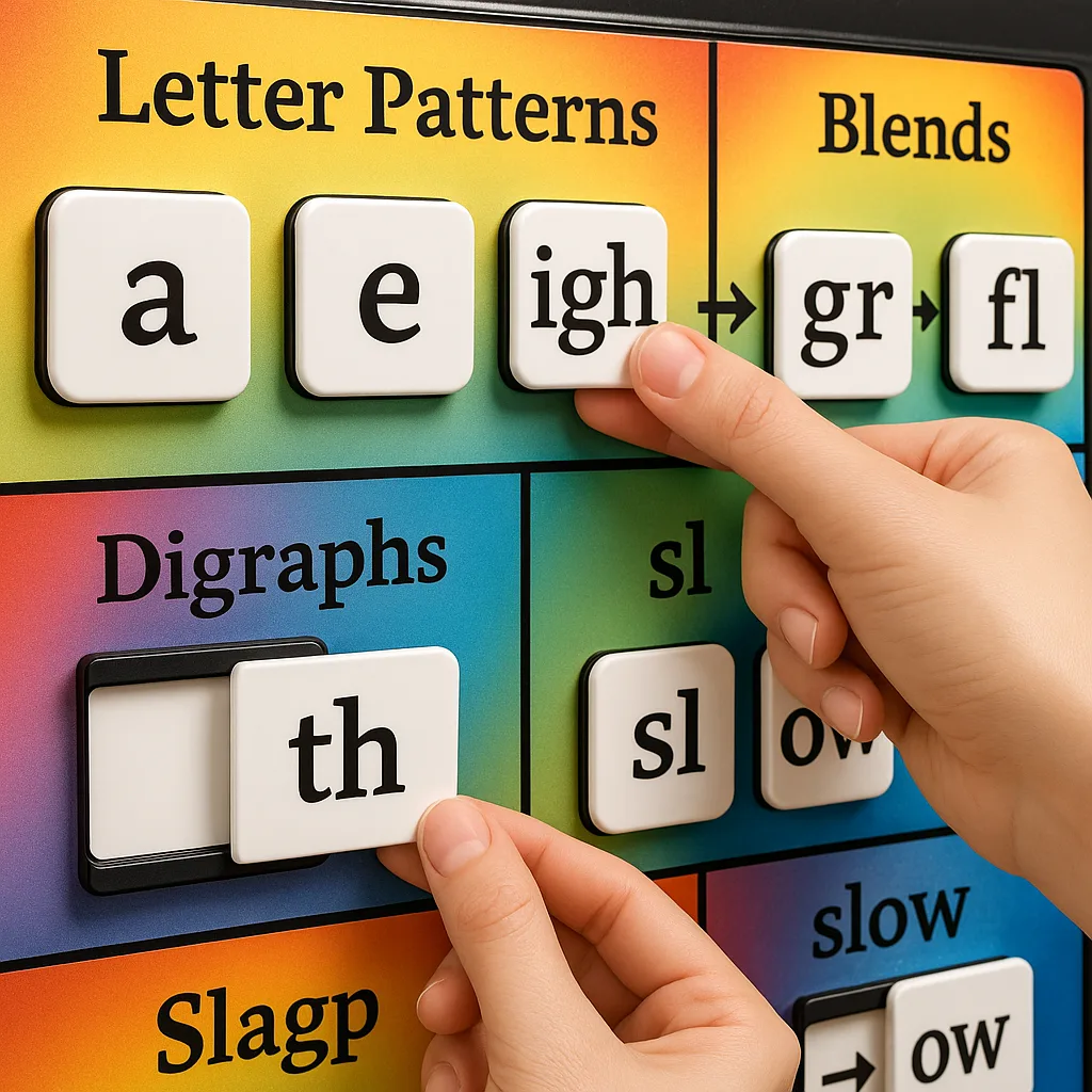 Close-up view of an interactive phonics wall display colorful letter patterns, blends, and digraphs arranged in a visually appealing grid format. Include moveable pieces that students can Close-up view of an interactive phonics wall display colorful letter patterns, blends, and digraphs arranged in a visually appealing grid format. Include moveable pieces that students can