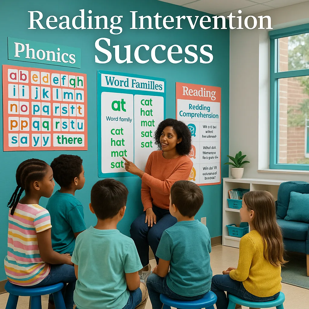 A vibrant, classroom reading intervention station colorful phonics walls, sight word displays, and interactive reading comprehension charts. Show a diverse group of elementary students engaged