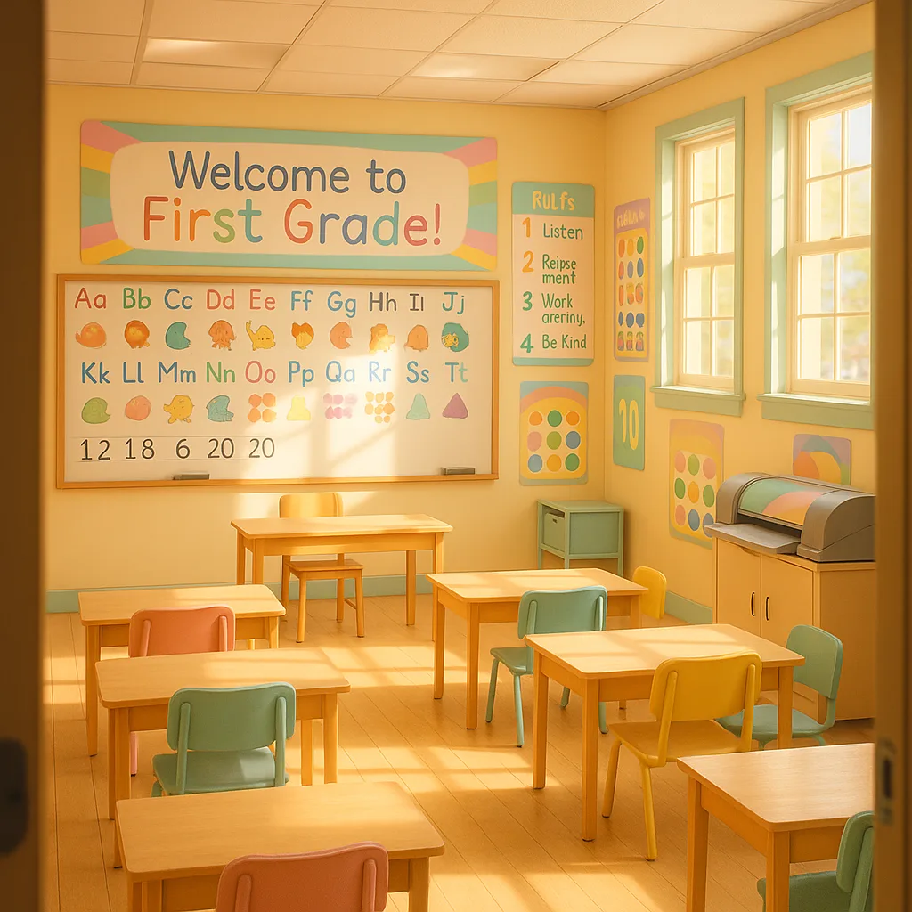 A bright, cheerful classroom scene viewed from the doorway a first-grade classroom colorful educational posters on every wall. The room should have a warm, welcoming atmosphere pastel rainbow
