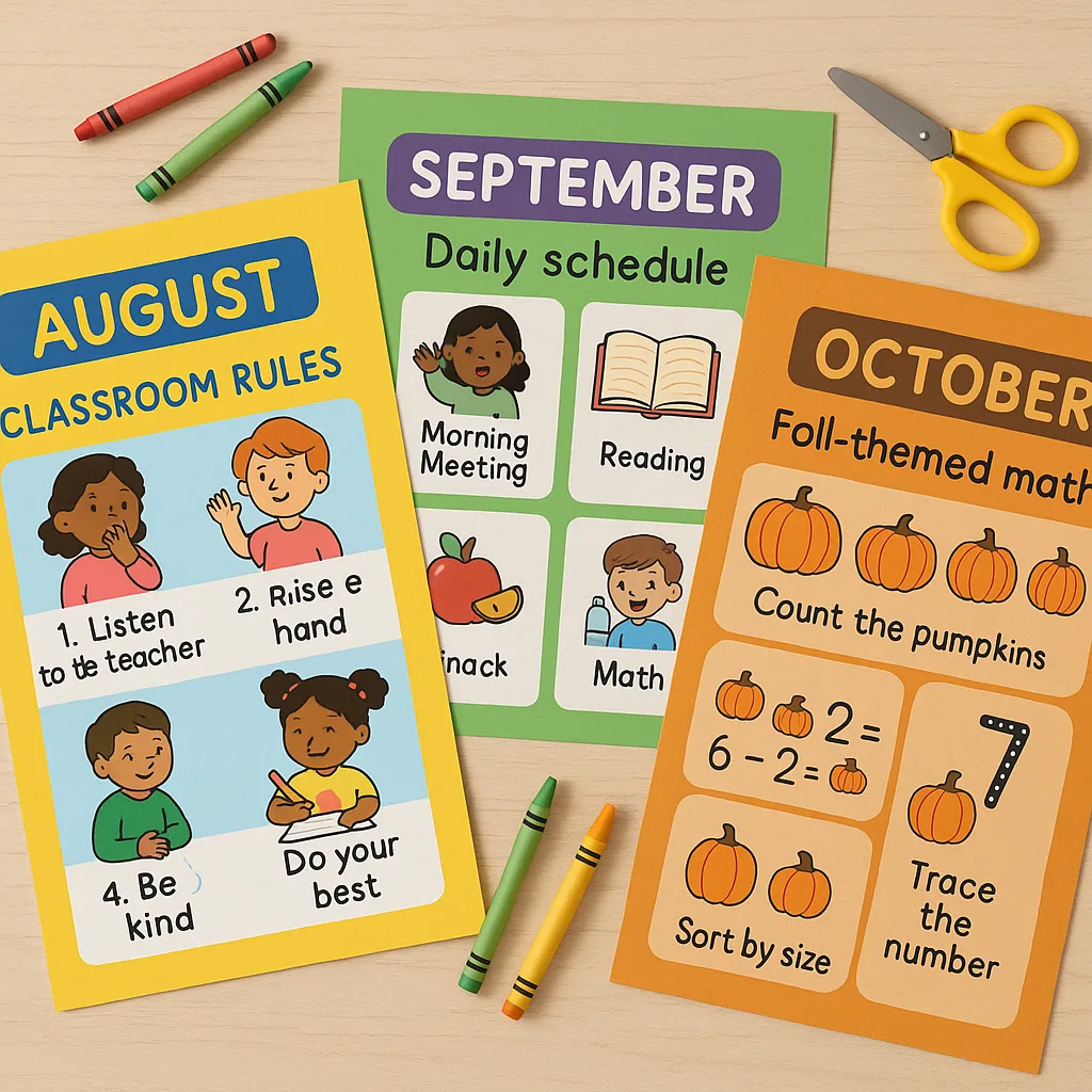 Design a flat lay composition three distinct poster examples representing August, September, and October classroom visuals. The August poster should show classroom rules cute illustrations, the Design a flat lay composition three distinct poster examples representing August, September, and October classroom visuals. The August poster should show classroom rules cute illustrations, the