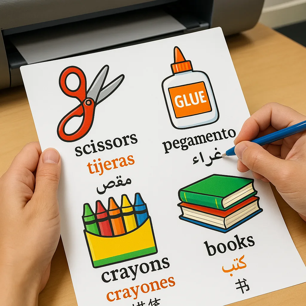 A close-up of hands creating a picture dictionary page classroom supplies labels in multiple languages (English, Spanish, Arabic, Mandarin). The image shows scissors, glue, crayons, and books