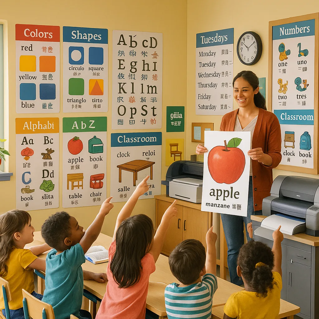 A first-grade classroom colorful bilingual posters covering the walls, a diverse group of young students pointing excitedly at picture vocabulary cards. The scene shows a teacher holding a freshly