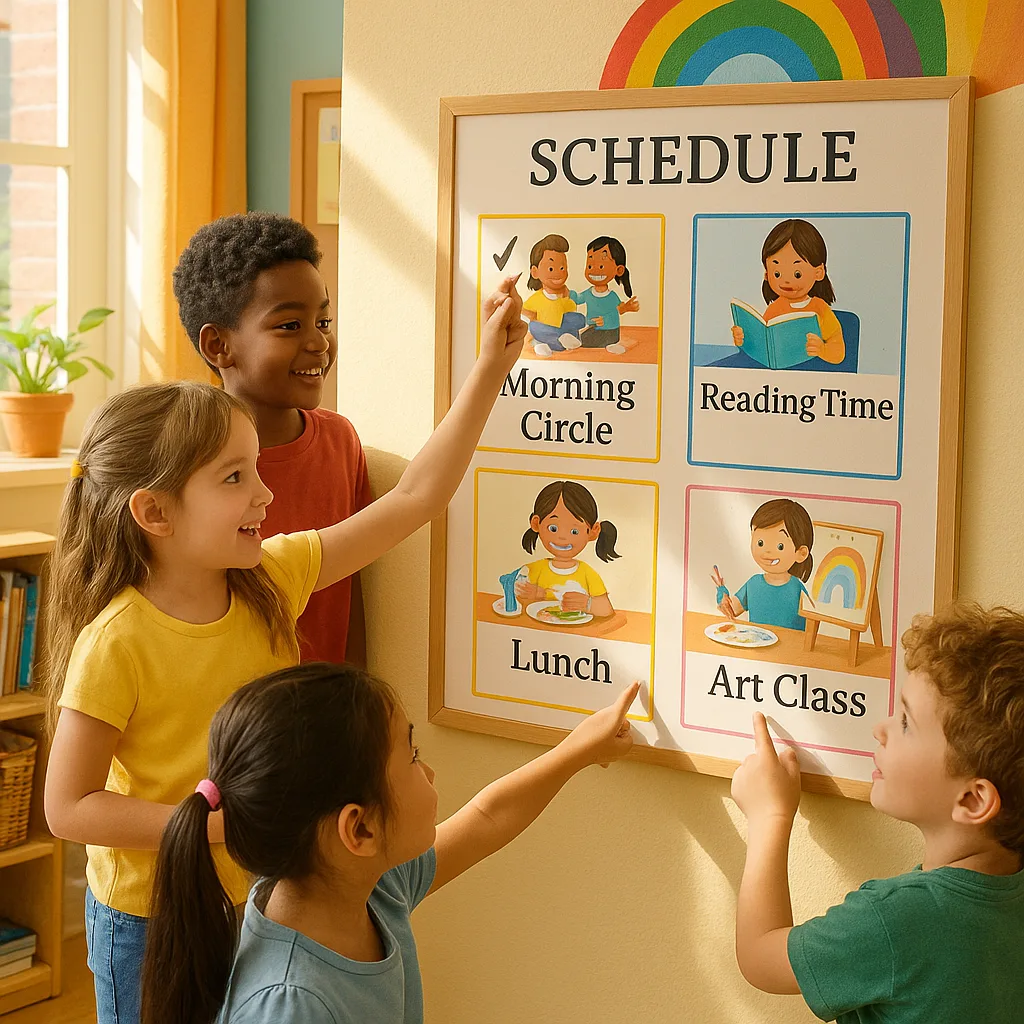 A bright, cheerful classroom scene a large visual schedule display prominently featured on the wall. The schedule should show colorful picture cards both images and text for different daily