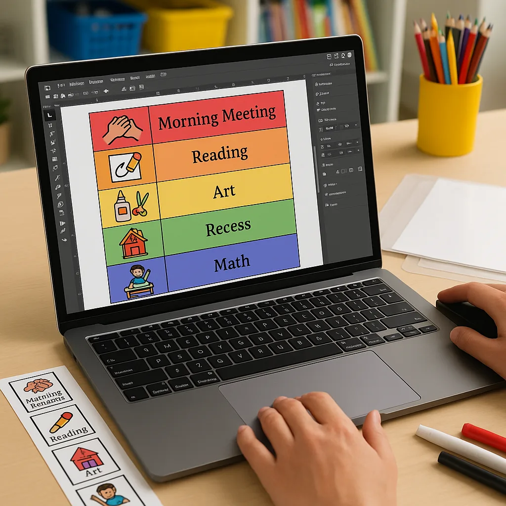 A close-up of hands creating a visual schedule on a laptop screen. The screen displays a colorful grid layout picture symbols and text for classroom activities. Include design software interface A close-up of hands creating a visual schedule on a laptop screen. The screen displays a colorful grid layout picture symbols and text for classroom activities. Include design software interface