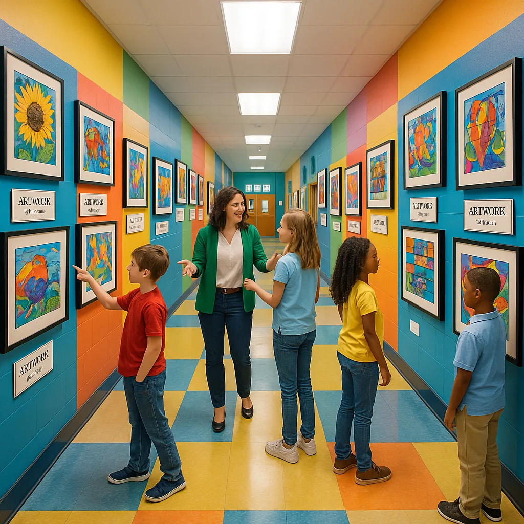 A bright, colorful elementary school hallway transformed into an art gallery professional-looking framed student artwork displayed on both walls. Multiple students and a teacher are viewing the