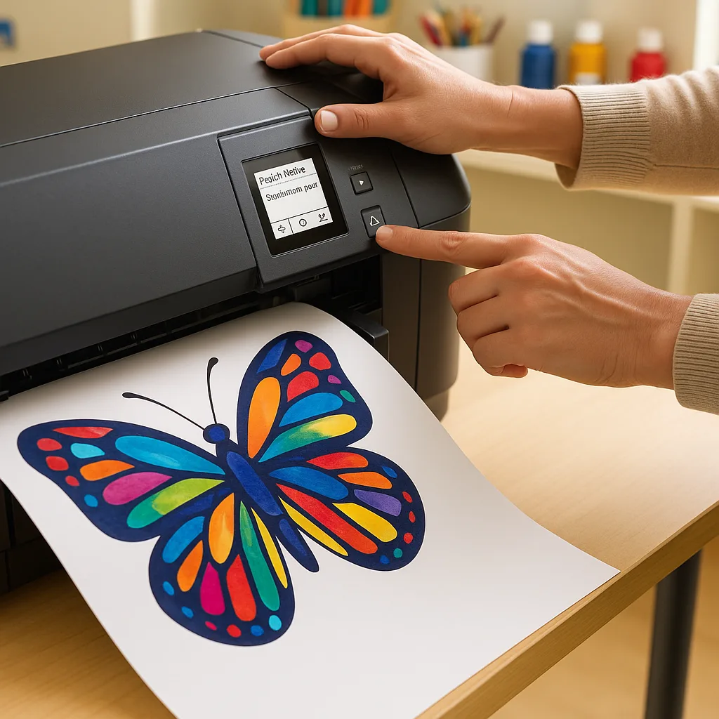 Close-up view of a printer for posters producing a high-quality student art print. The poster maker is printing a colorful butterfly artwork created by a student. A teacher’s hands are visible Close-up view of a printer for posters producing a high-quality student art print. The poster maker is printing a colorful butterfly artwork created by a student. A teacher's hands are visible