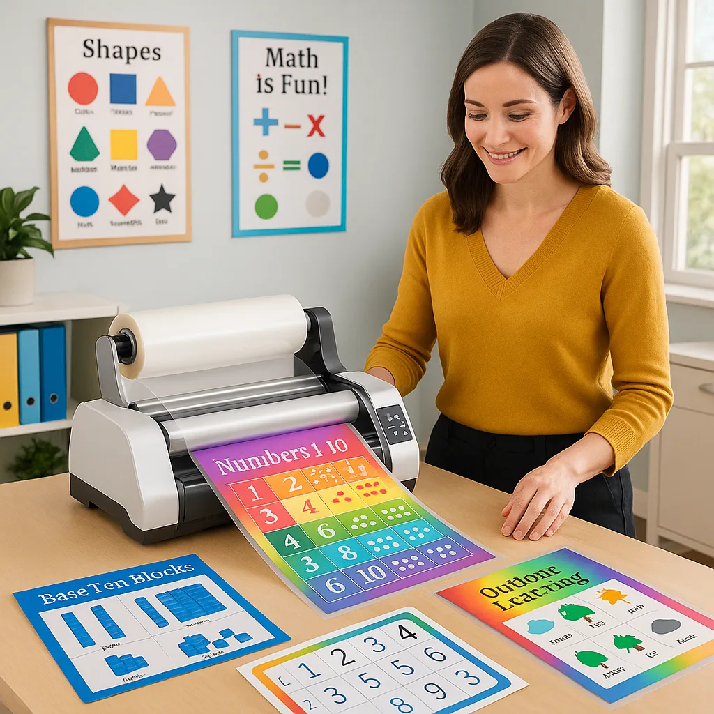 A bright, school office setting a teacher operating a laminating machine. The scene shows colorful educational posters being fed through the laminator, finished laminated materials displayed on a