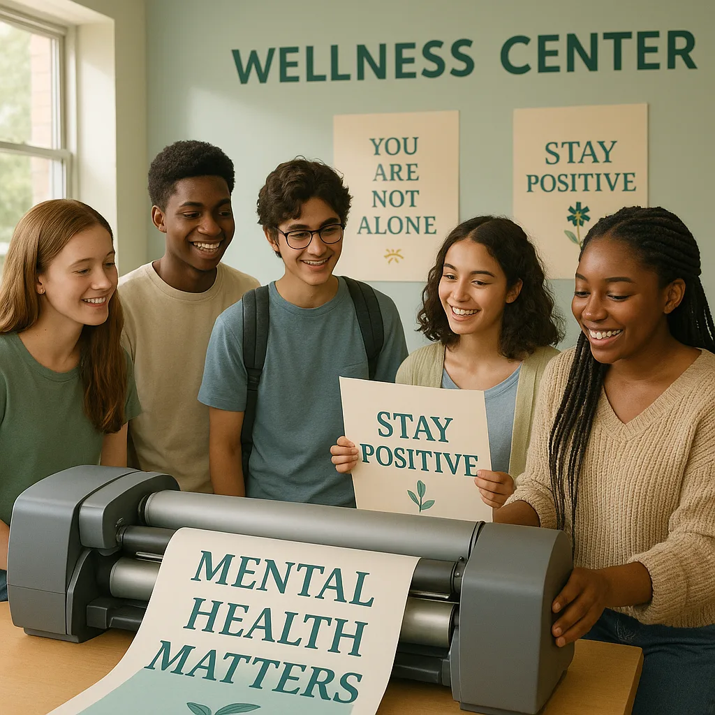 A warm, supportive scene diverse high school students (ages 15-17) gathered around a large poster maker machine in a school wellness center. Students are collaborating on mental health awareness