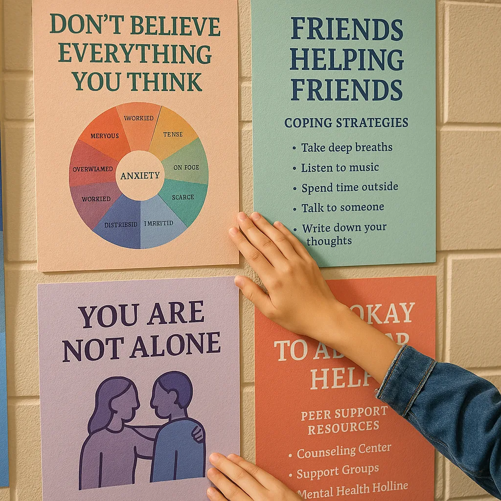 A close-up view of student hands arranging colorful mental health awareness posters on a gallery wall in a school hallway. The posters feature uplifting messages about anxiety, friendship, and A close-up view of student hands arranging colorful mental health awareness posters on a gallery wall in a school hallway. The posters feature uplifting messages about anxiety, friendship, and