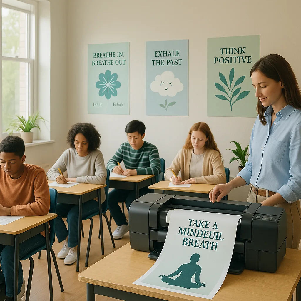A serene classroom environment a diverse group of students calmly taking a test. The walls display colorful, calming posters breathing exercises and positive affirmations in soft greens and blues.