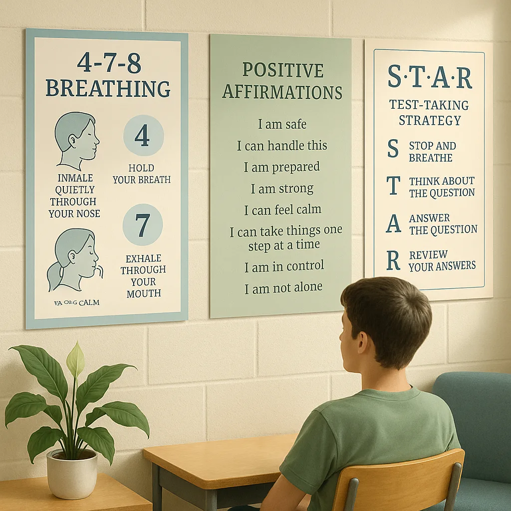 A well-organized classroom wall three distinct anxiety-relief posters: a 4-7-8 breathing technique guide simple visual cues, positive affirmations in calming sage green, and a STAR test-taking A well-organized classroom wall three distinct anxiety-relief posters: a 4-7-8 breathing technique guide simple visual cues, positive affirmations in calming sage green, and a STAR test-taking