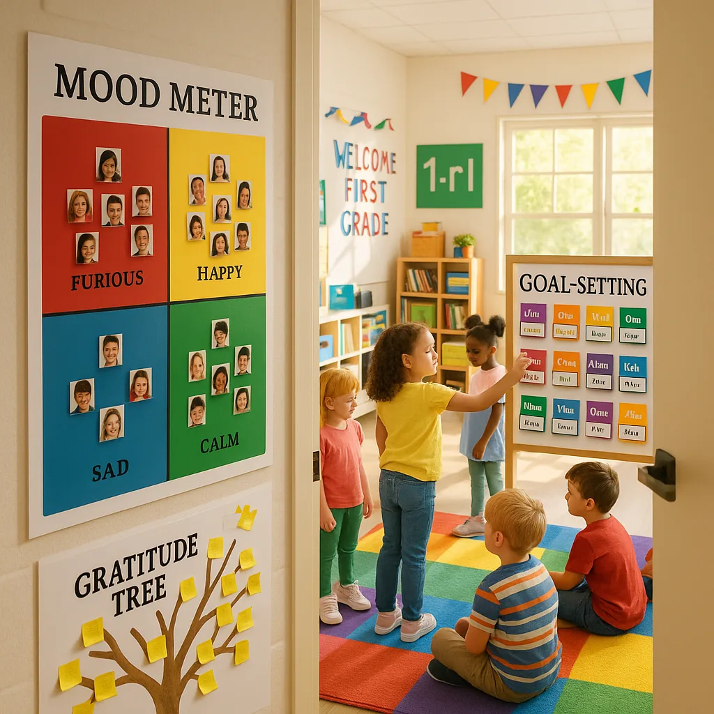 A bright, cheerful first-grade classroom photographed from the doorway during morning meeting time. In the foreground, a colorful mood meter poster (divided into red, yellow, blue, and green