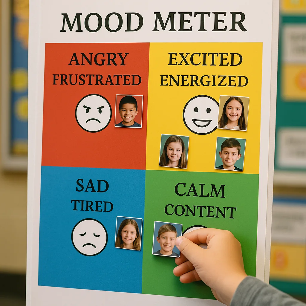 Close-up photograph of a first-grade student’s hand moving their photo magnet on a large mood meter poster. The poster is divided into four colored sections: red (angry/frustrated), yellow Close-up photograph of a first-grade student's hand moving their photo magnet on a large mood meter poster. The poster is divided into four colored sections: red (angry/frustrated), yellow