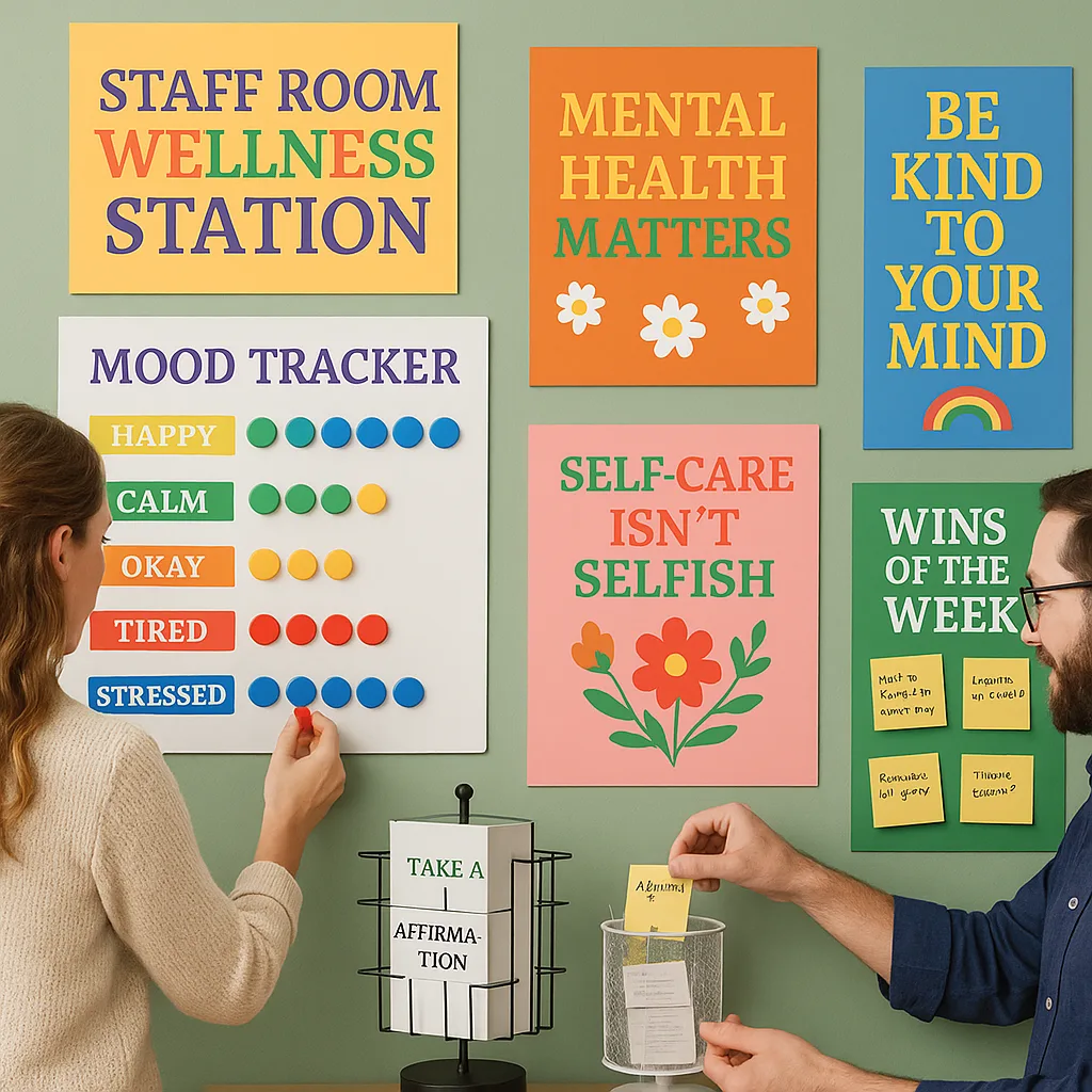 Design a bright, engaging staff room wellness station multiple colorful posters arranged gallery-style on a soft sage green wall. Include a mood tracking board rainbow-colored magnets, an Design a bright, engaging staff room wellness station multiple colorful posters arranged gallery-style on a soft sage green wall. Include a mood tracking board rainbow-colored magnets, an
