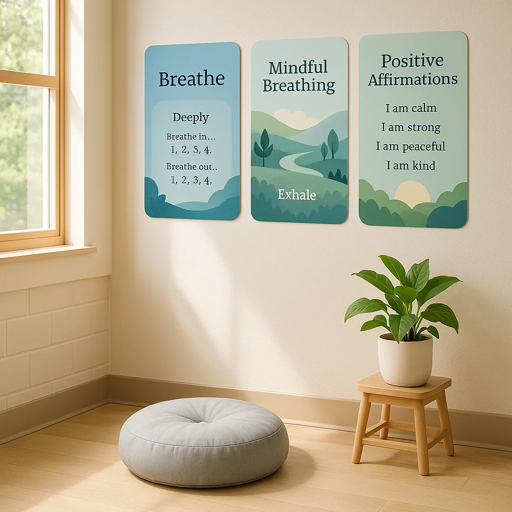 A serene, nature-inspired classroom corner wellness posters calming blue and green color schemes. Show a comfortable meditation cushion, a small potted plant, and professionally printed