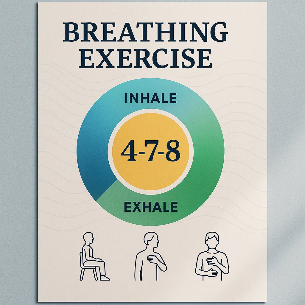 A close-up view of a professionally printed breathing exercise poster mounted on a soft blue wall. The poster features a large circular breathing guide clear visual indicators for inhale