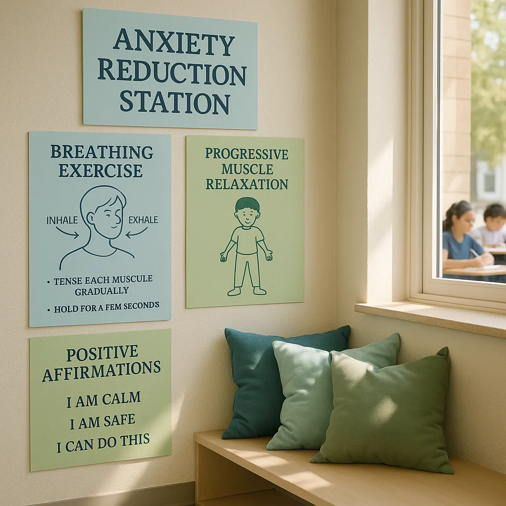 A serene, well-lit classroom corner a dedicated anxiety reduction station. The scene shows calming blue and green posters on the wall displaying breathing exercise diagrams, progressive muscle