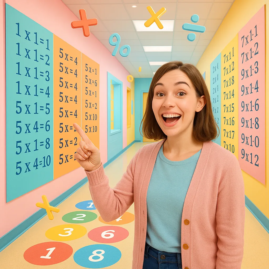 A bright, cheerful hallway scene oversized, colorful multiplication tables covering the walls from floor to ceiling. Show hopscotch-style number circles on the floor in rainbow colors. Include a